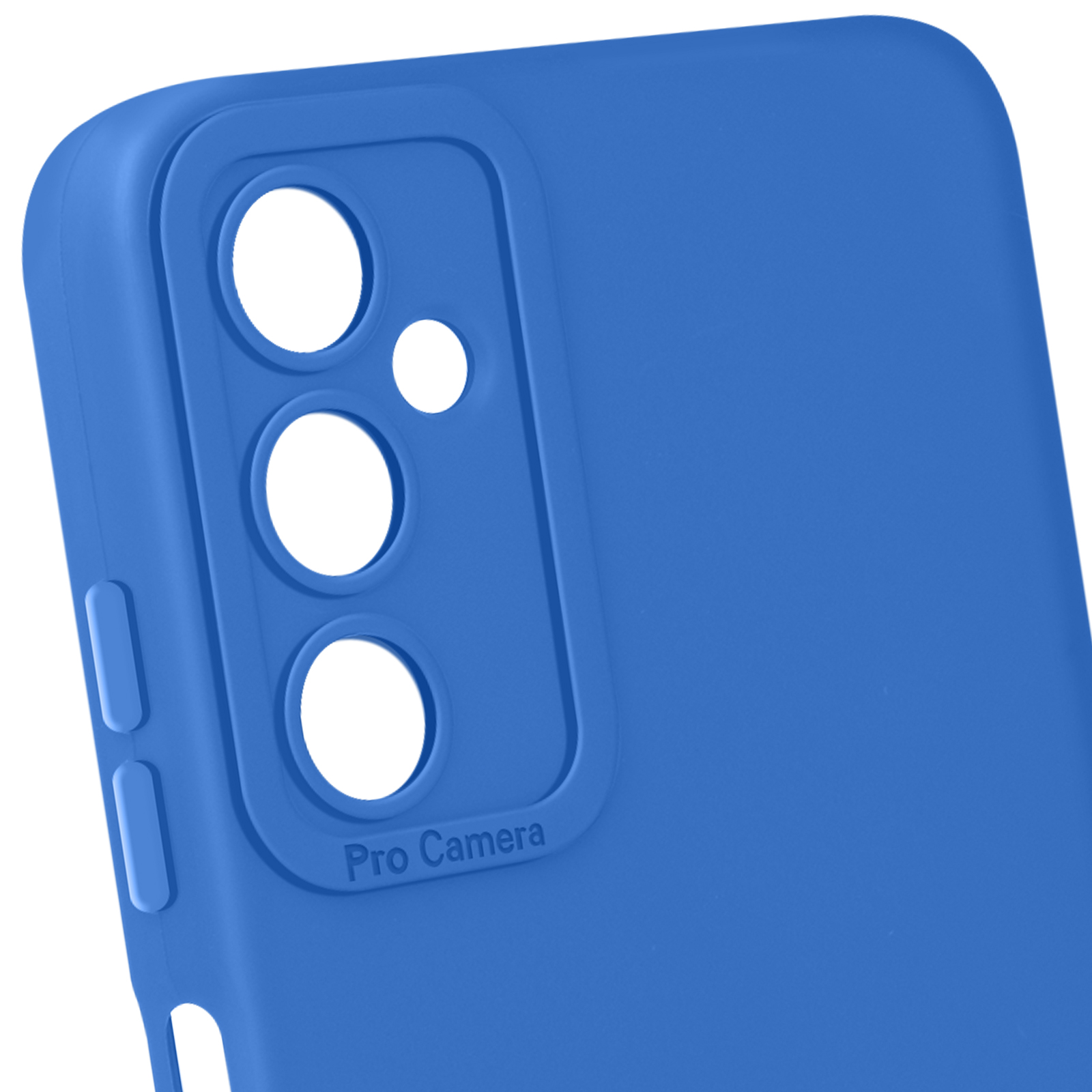 Close-up van een blauwe telefoonhoes. Het heeft gaten voor de camera en zijknoppen.