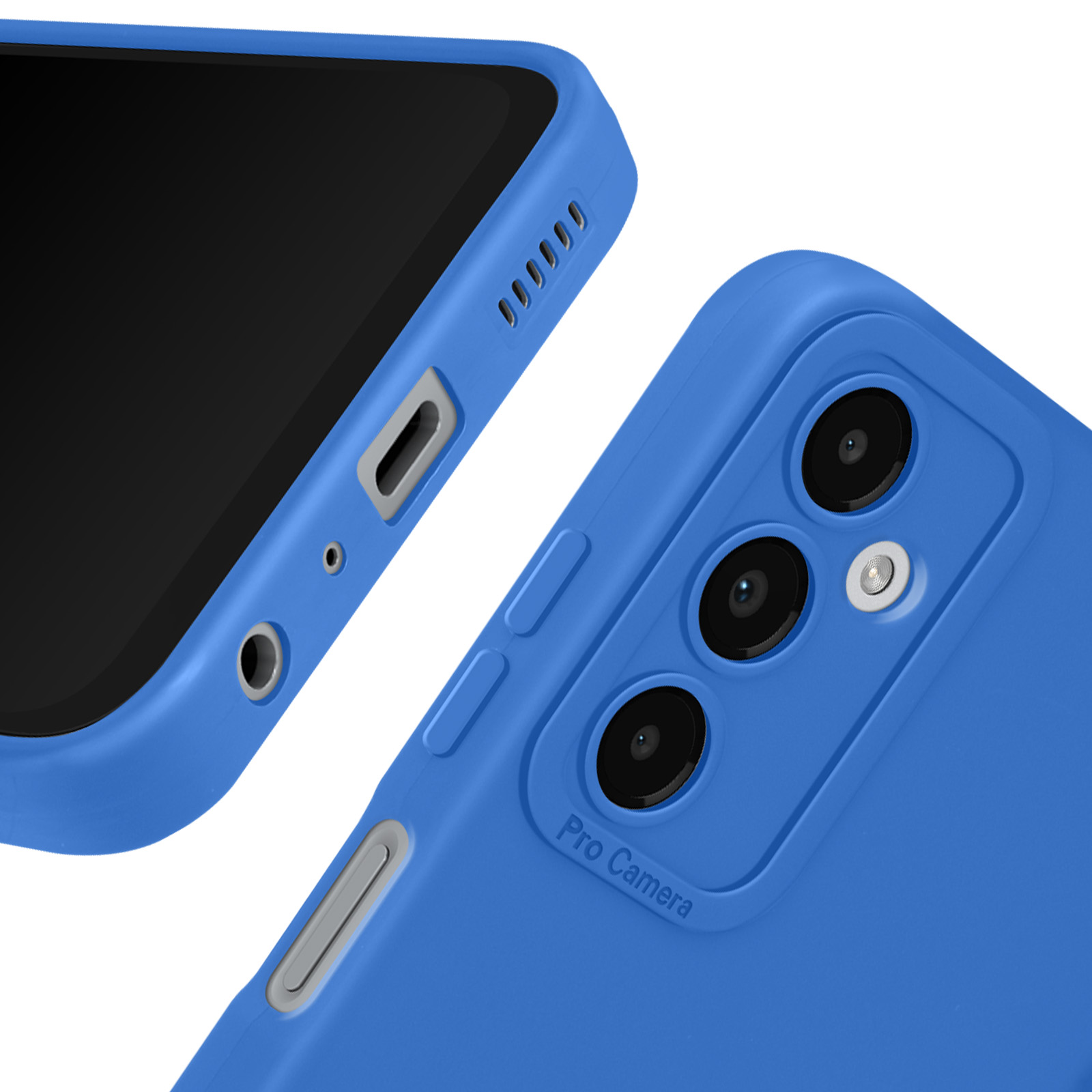 Een blauwe telefoonhoes met camera-uitsparingen. Een telefoon zit gedeeltelijk in de hoes. Witte achtergrond.