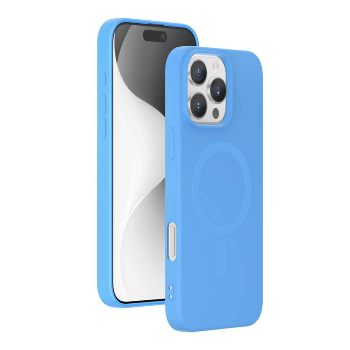 Custodia per telefono azzurra con un telefono all'interno. La custodia ha un elemento magnetico.