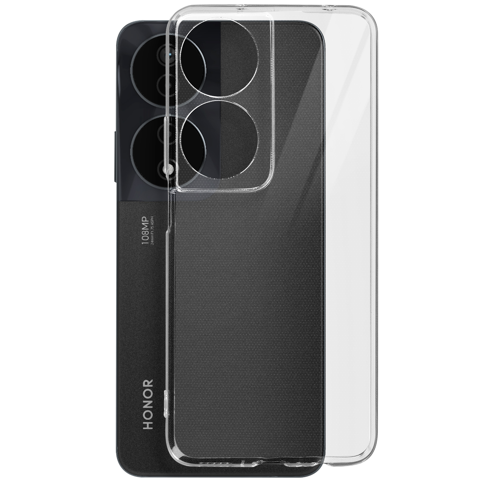 Una custodia trasparente su un telefono nero con tre obiettivi della fotocamera.