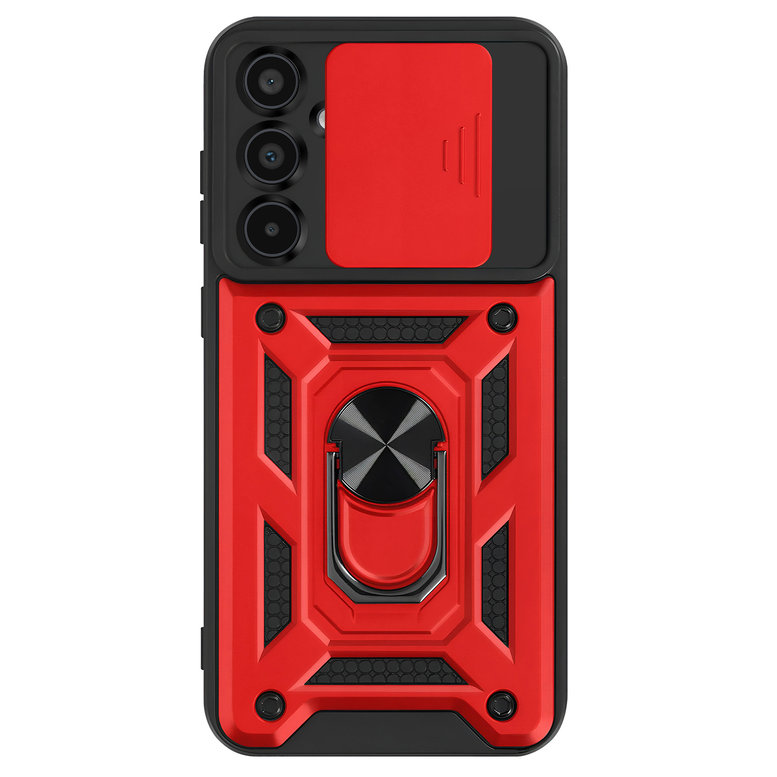 Una cover rossa e nera con una copertura per la fotocamera e un porta anello. Ha un design robusto e industriale.