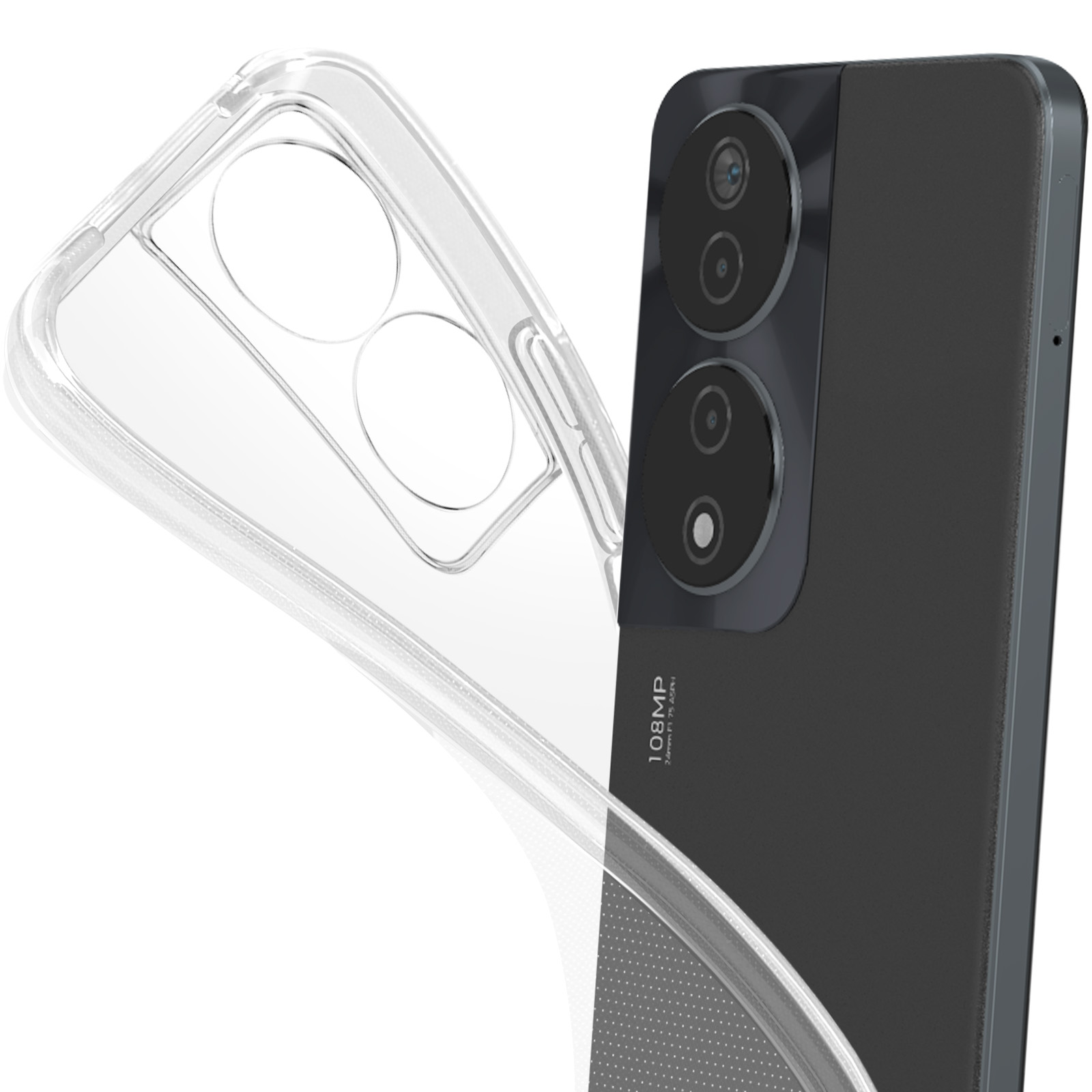 Telefono e custodia trasparente. Sfondo bianco.