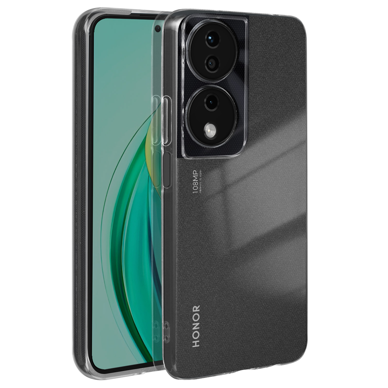 Una custodia per telefono con retro trasparente e cornice trasparente. Il telefono ha due obiettivi della fotocamera.