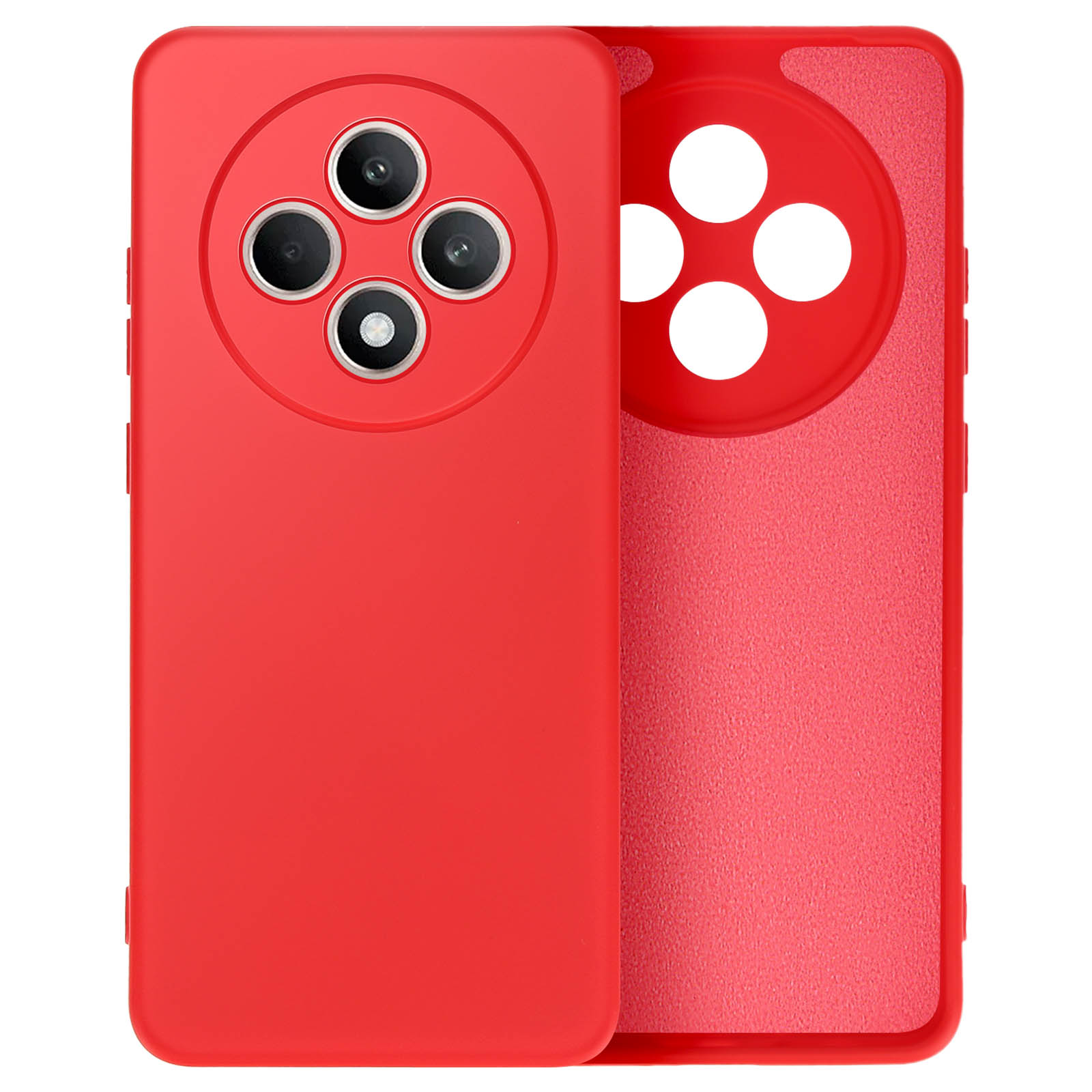 Custodia rossa con un telefono all'interno, con ritagli per la fotocamera. Custodia e telefono sono rossi.