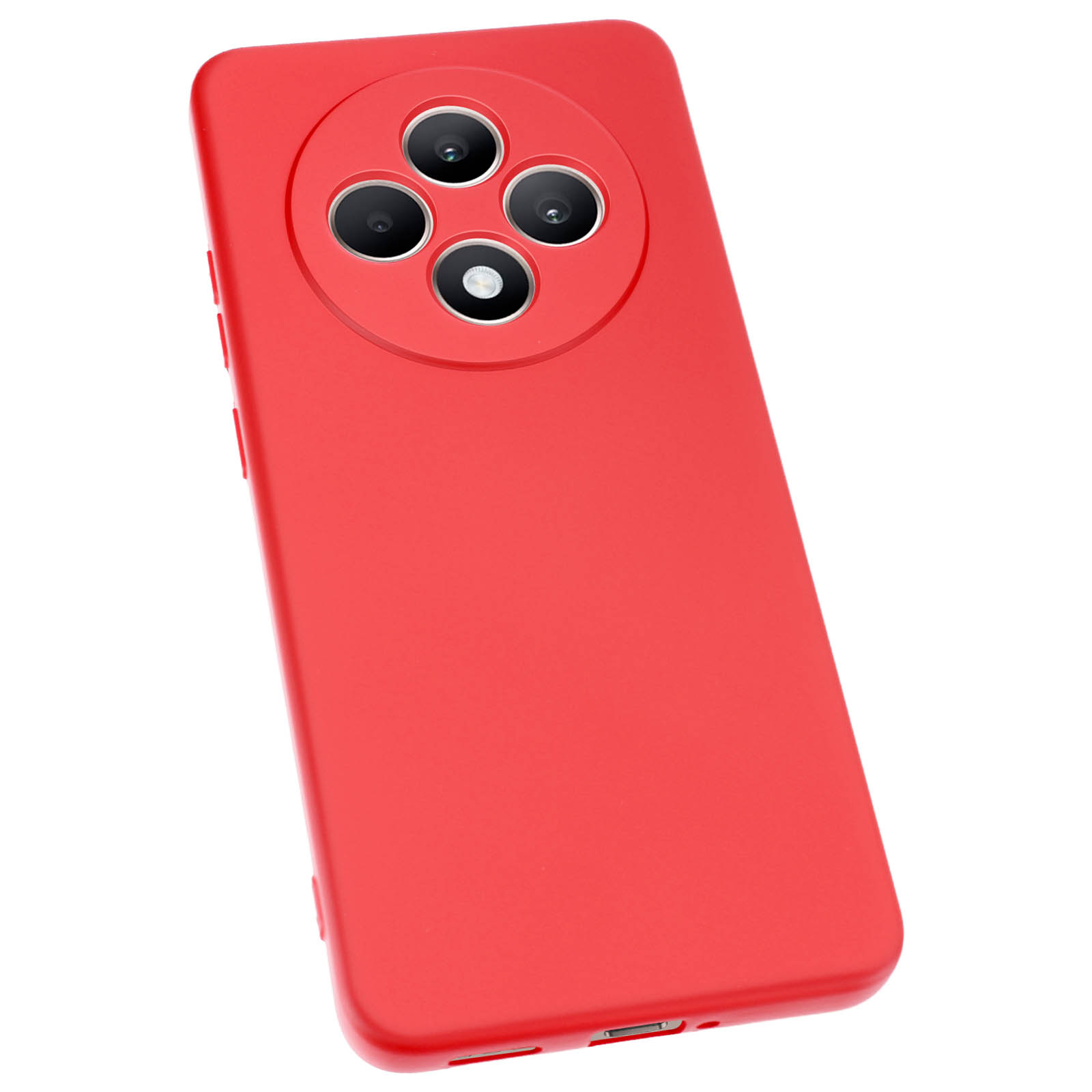 Custodia rossa per telefono con quattro obiettivi. Design quadrato arrotondato. Finitura opaca. Sfondo bianco.