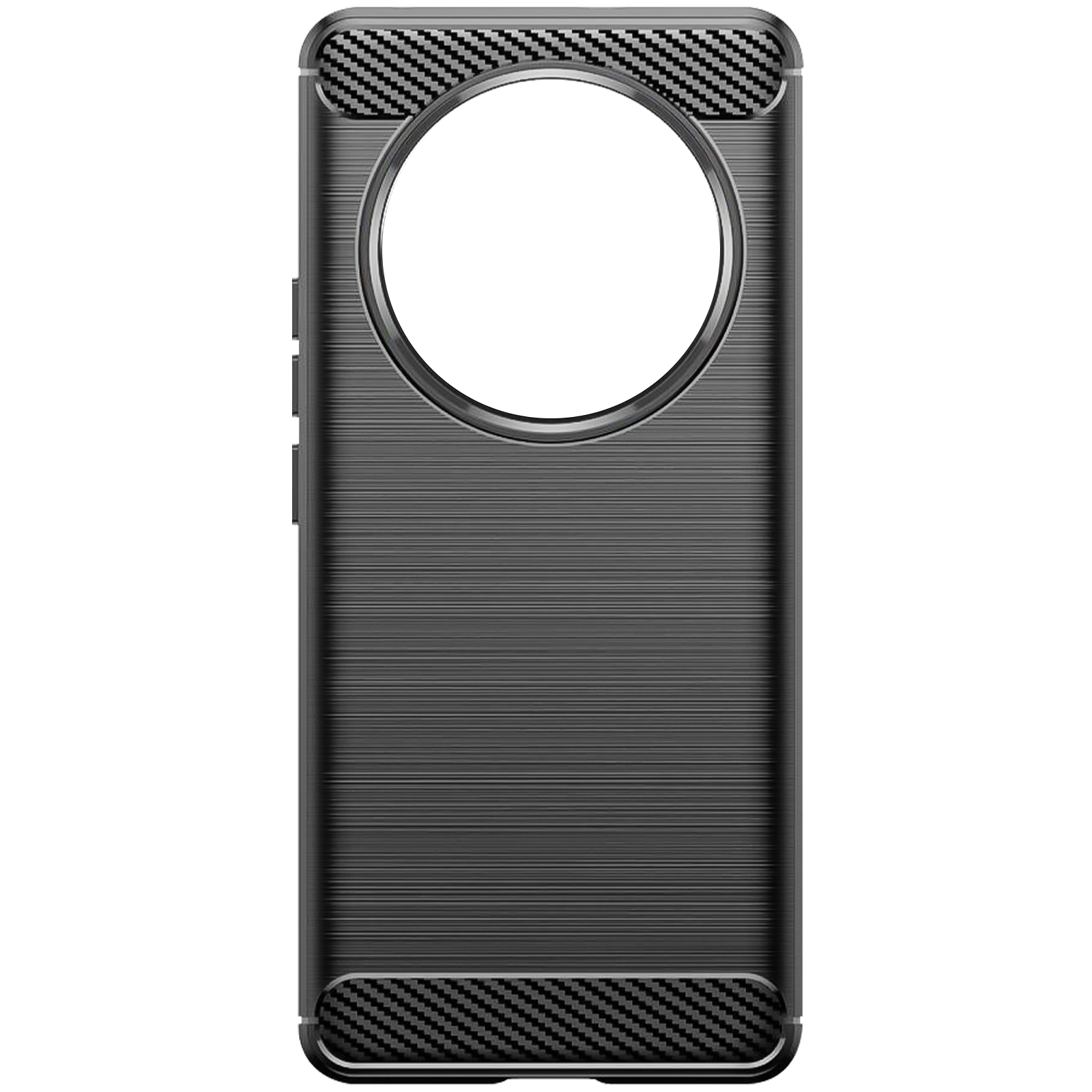 Custodia per telefono nera con un'ampia apertura per la fotocamera e design in fibra di carbonio.