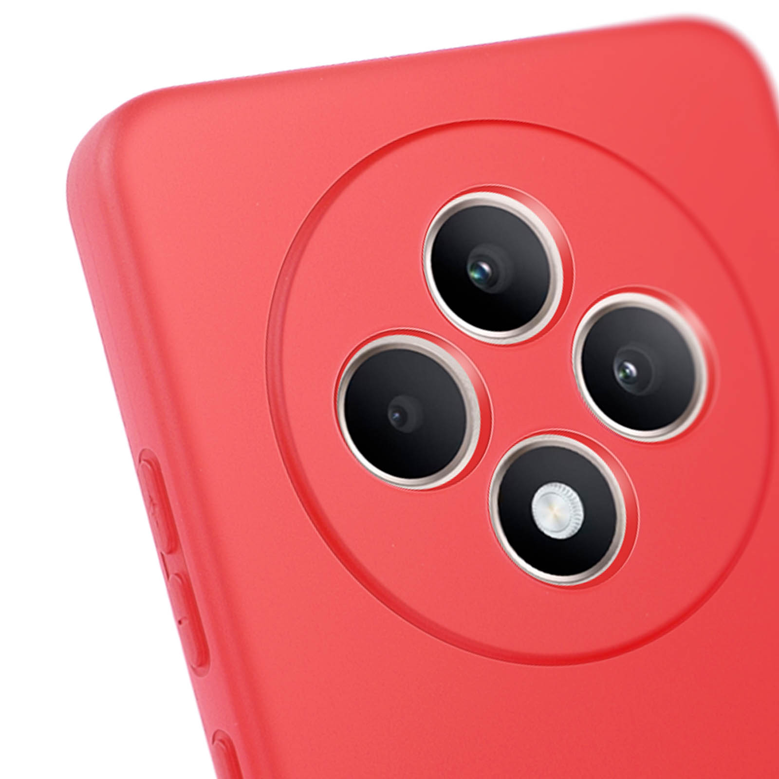 Primo piano di una custodia rossa per telefono. Quattro lenti della fotocamera su un'area circolare rialzata.