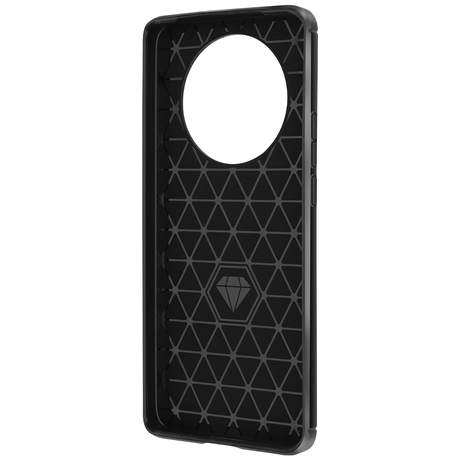Interno della custodia nera. Modello a nido d'ape con logo diamante al centro. Sfondo bianco.