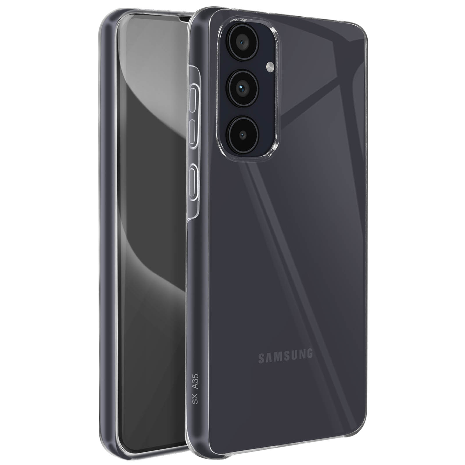 Telefono in custodia trasparente, angolato con tre lenti della fotocamera. Il logo Samsung è visibile.