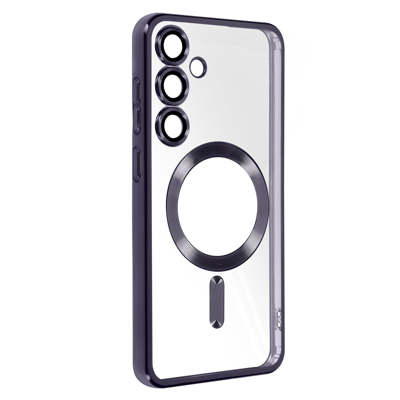 Custodia trasparente con cornice viola scuro, tre fori per fotocamera e anello magnetico, su sfondo bianco.