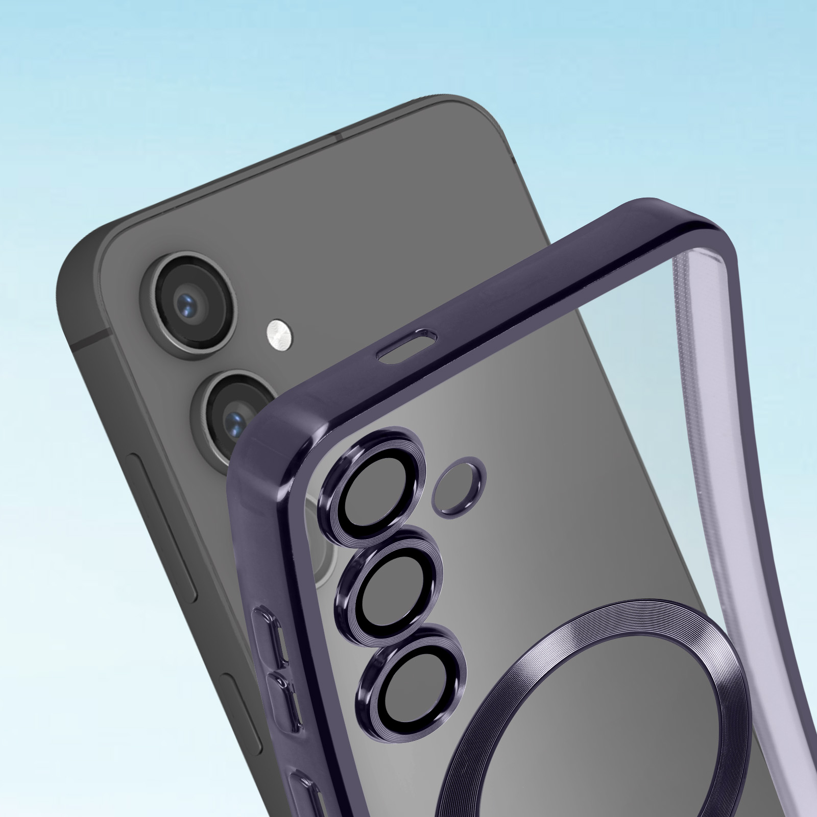 Una custodia per telefono con bordo blu scuro e retro trasparente.