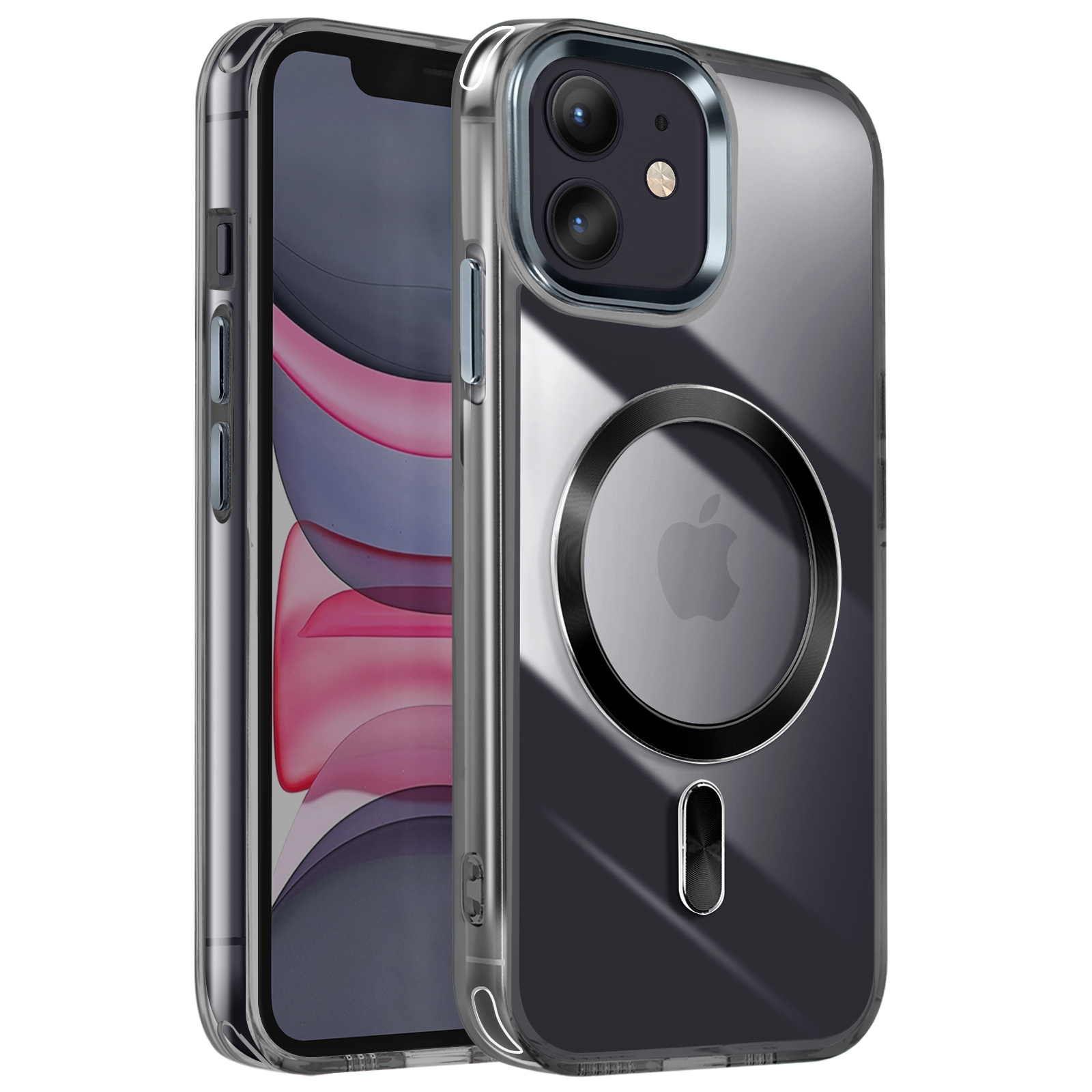 Due telefoni, uno in una custodia trasparente, l'altro con uno schermo scuro. Un anello magnetico è visibile.