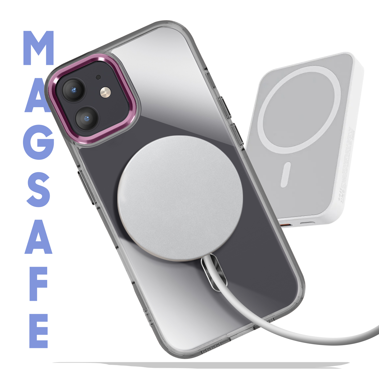 Custodia per telefono con cerchio magnetico bianco e dispositivo di ricarica con testo Magsafe.