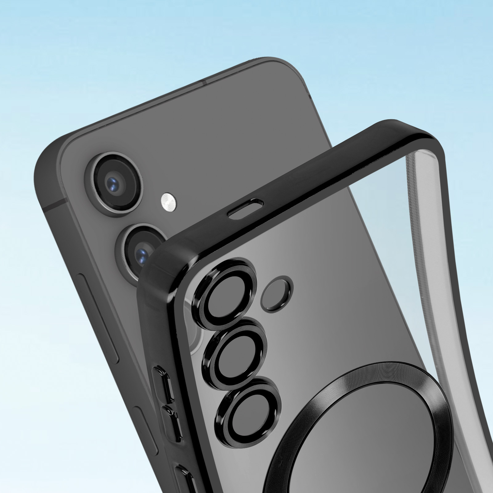 Custodia per telefono con cornice nera e retro trasparente. Ha tre lenti e un anello nero per accessori.
