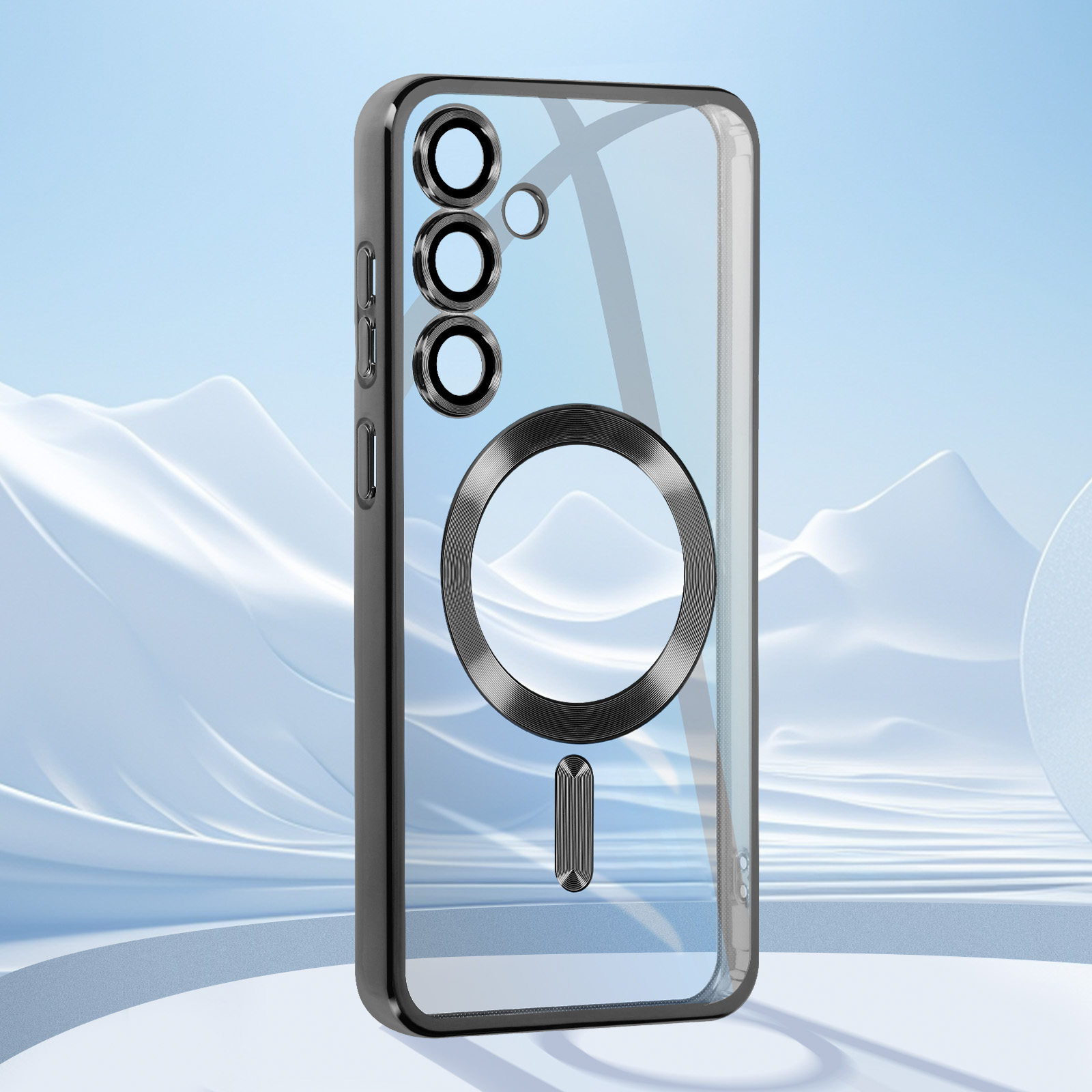Una custodia trasparente su uno sfondo azzurro. La custodia ha un anello magnetico e fori per la fotocamera.
