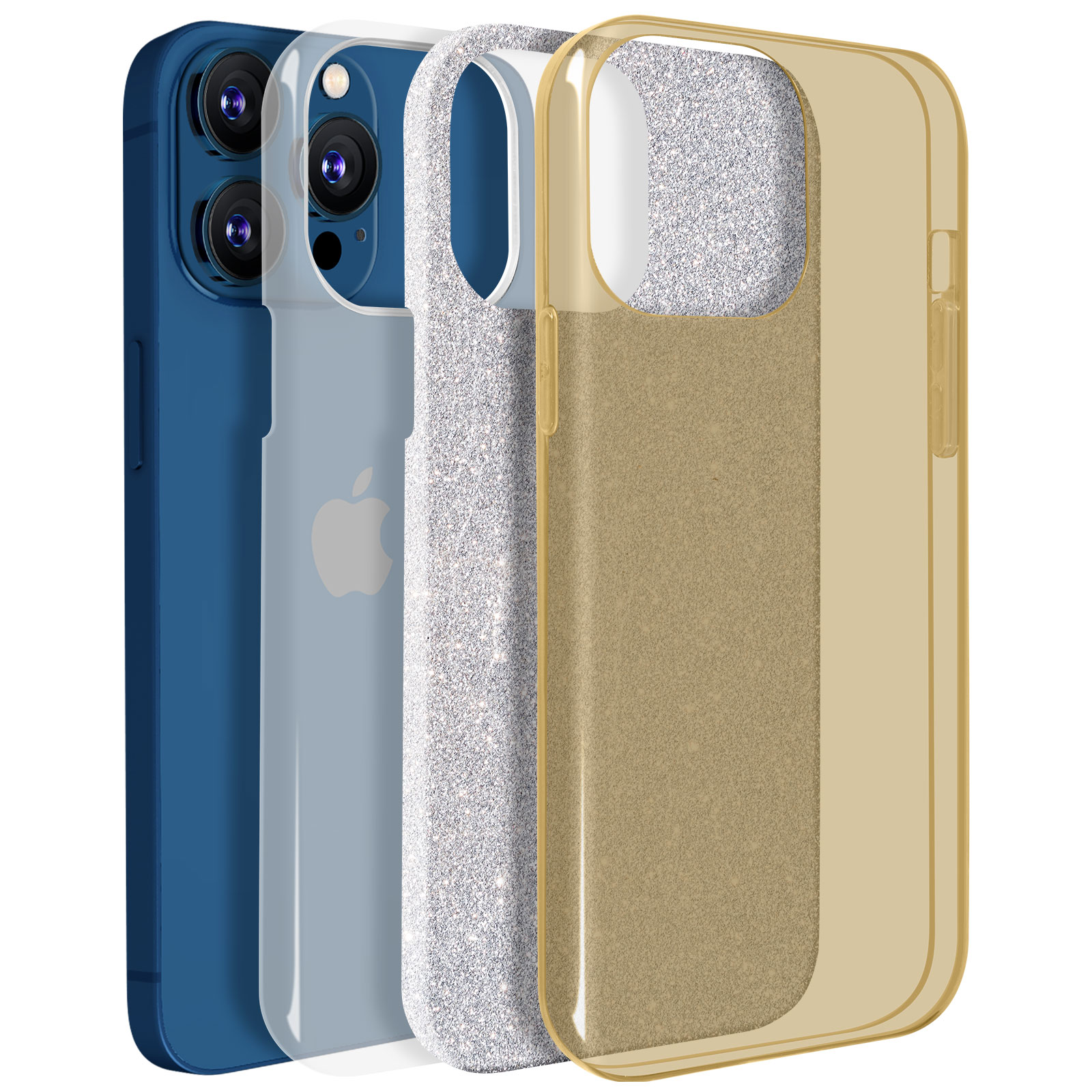 Quattro strati di custodie per telefono in diversi colori: blu, trasparente, glitter e oro.