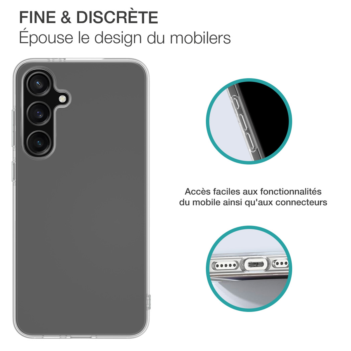 Telefono in una custodia trasparente. Vista ravvicinata. Ci sono due piccole immagini circolari delle funzionalità del telefono.