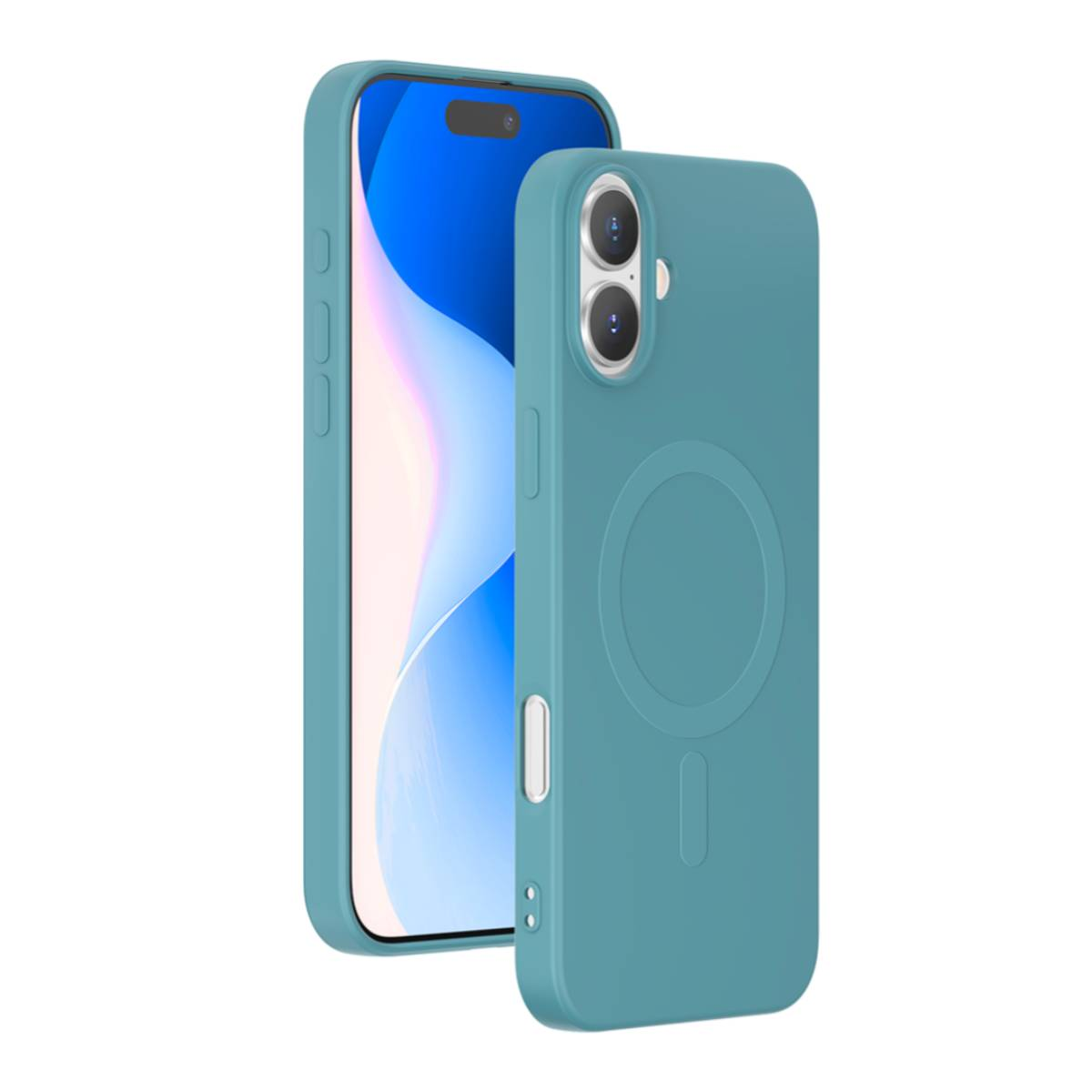 Telefono verde acqua con custodia verde acqua e cerchio MagSafe bianco.