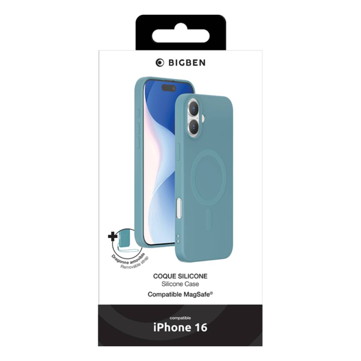 Una custodia per telefono verde acqua con un'etichetta compatibile iPhone 16, con un telefono all'interno e una scatola.