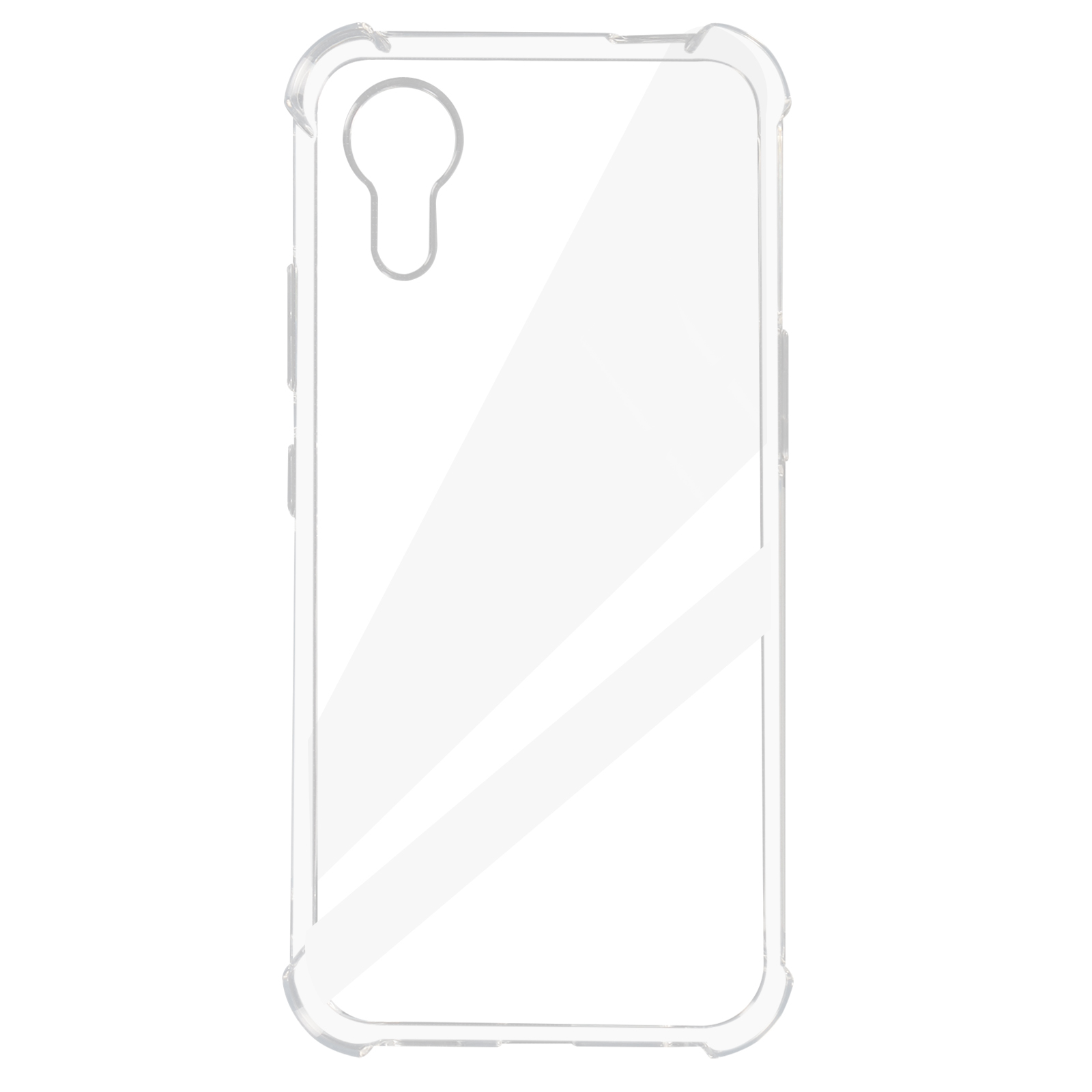 Custodia trasparente per telefono con foro per fotocamera a goccia. La custodia è trasparente.