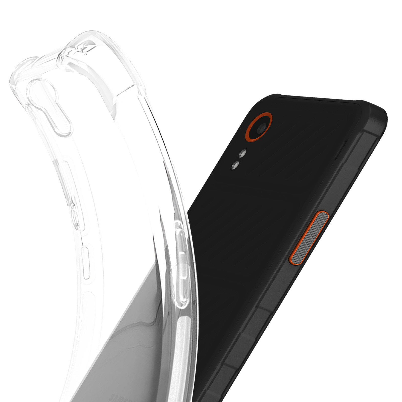 Una custodia trasparente per telefono su un telefono nero. La custodia ha un design trasparente.