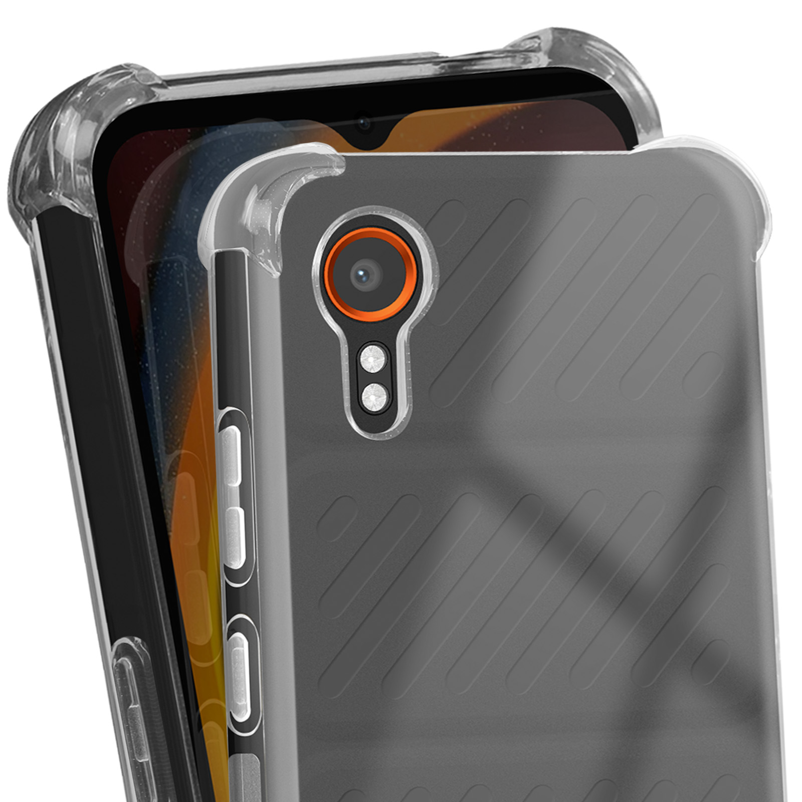 Primo piano di un telefono all'interno di una custodia trasparente. La custodia ha un motivo grigio e la fotocamera del telefono è visibile.
