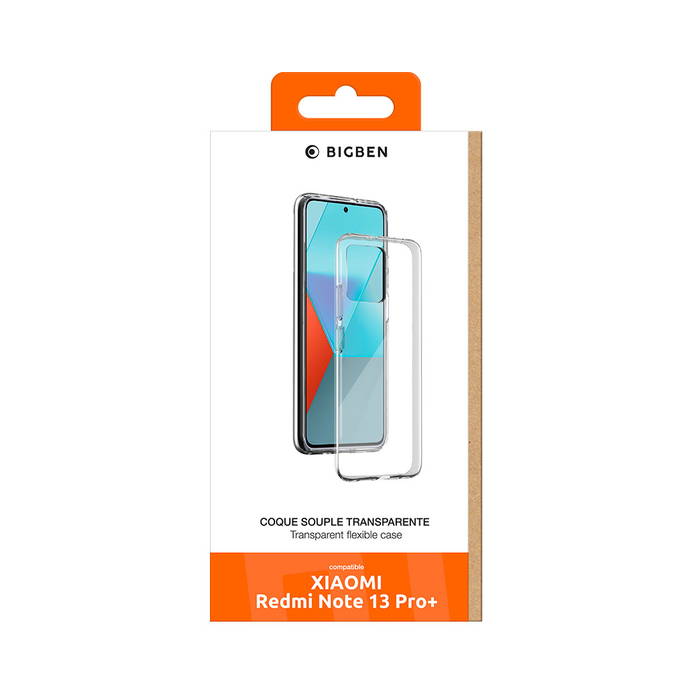 Custodia trasparente per telefono in una scatola. Testo: Xiaomi Redmi Note 13 Pro+. Custodia flessibile trasparente.