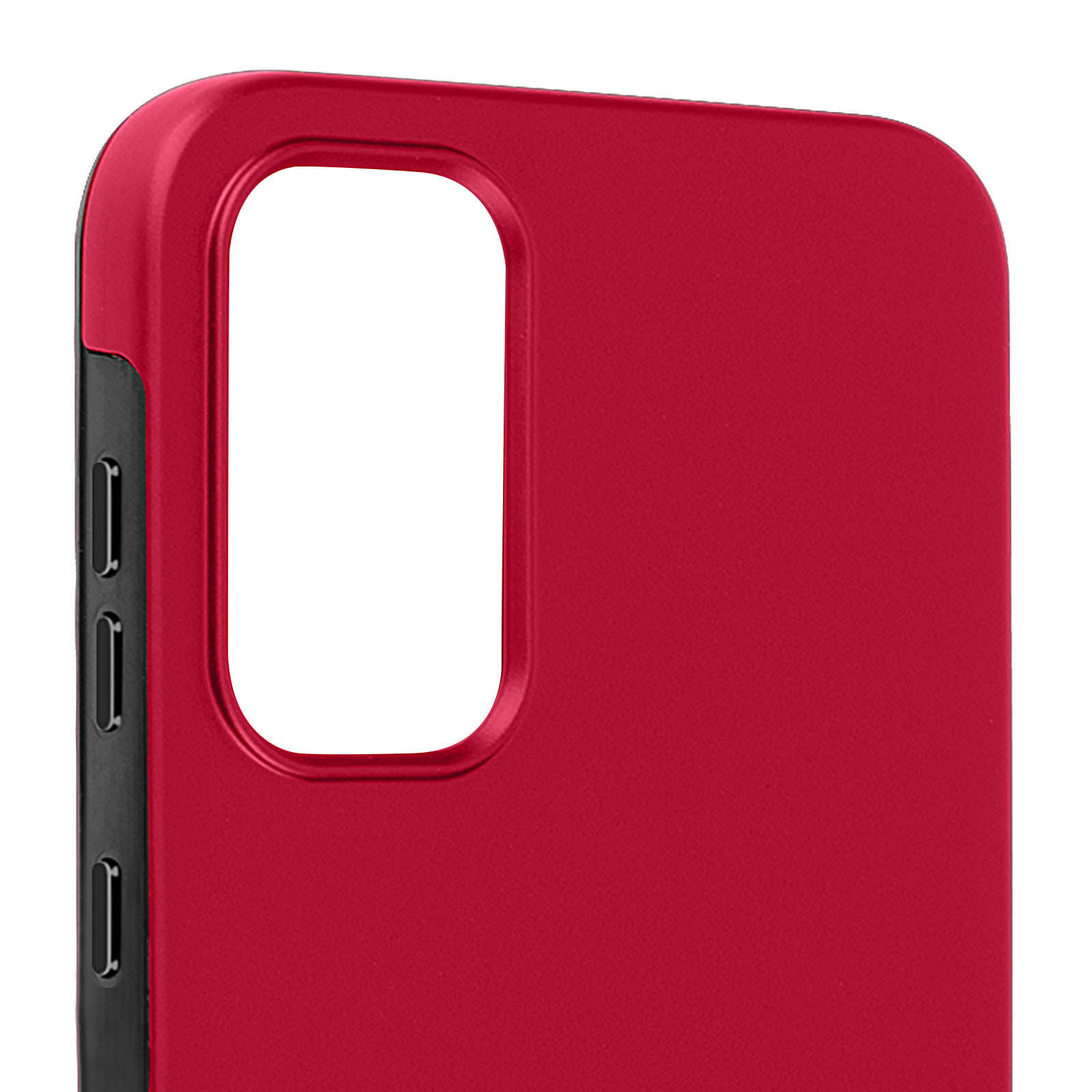 Custodia rossa per telefono con un grande ritaglio per la fotocamera. Il lato ha dei pulsanti.