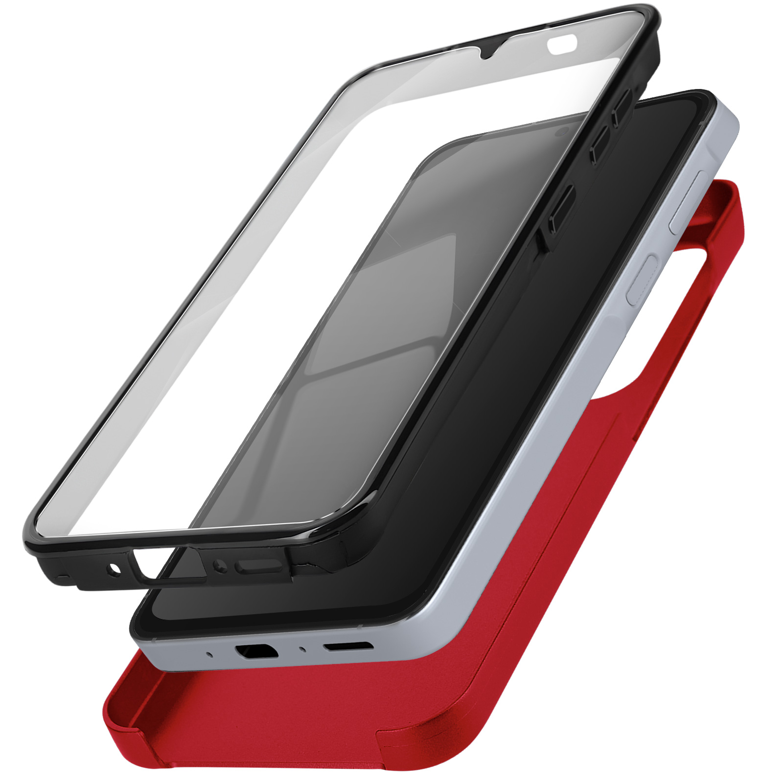 Custodia e protezione schermo a strati. Custodia rossa e telefono nero. Protezione trasparente sopra.
