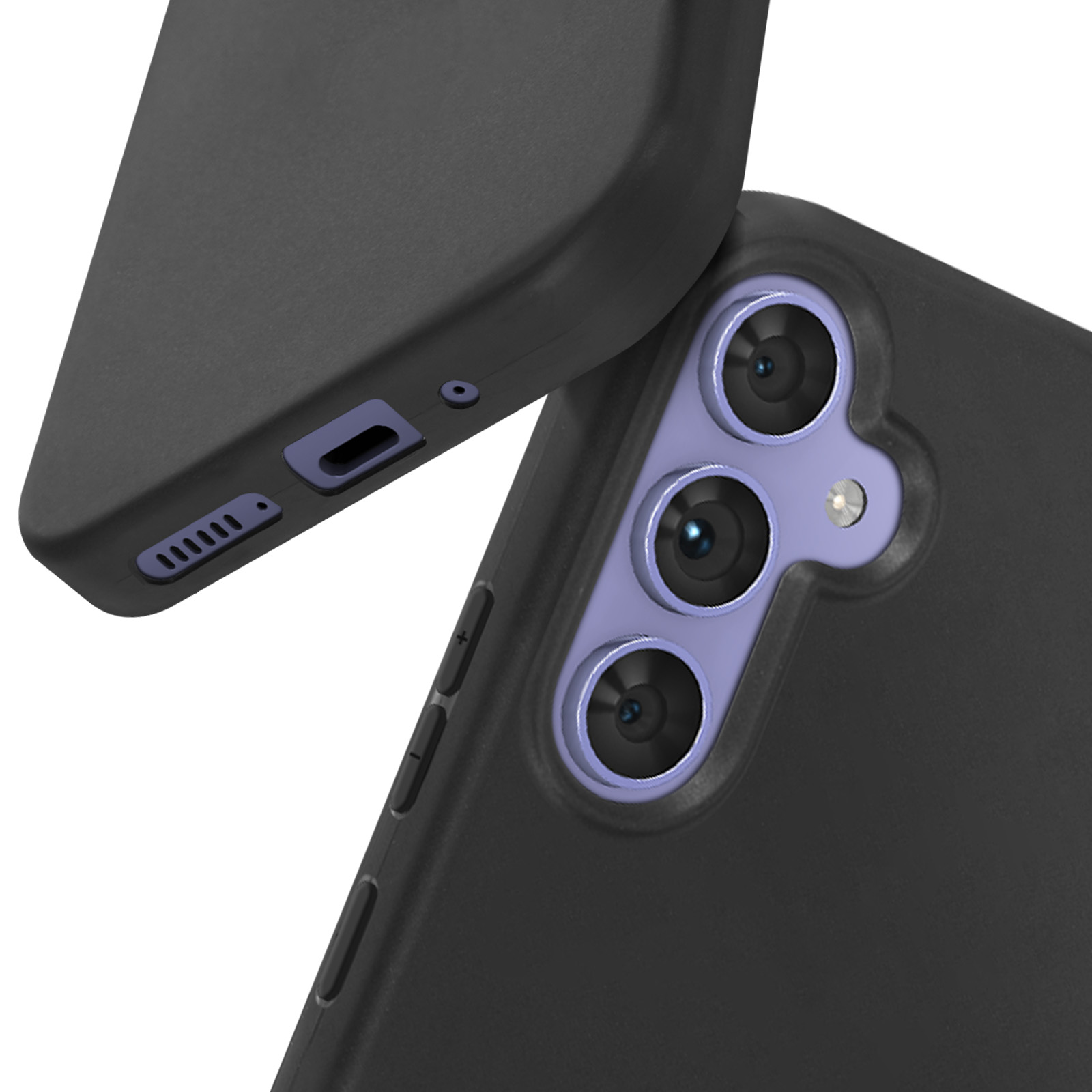 Custodia nera per telefono mostra obiettivi della fotocamera. Un'altra custodia si trova sopra. La custodia ha fori per i pulsanti.