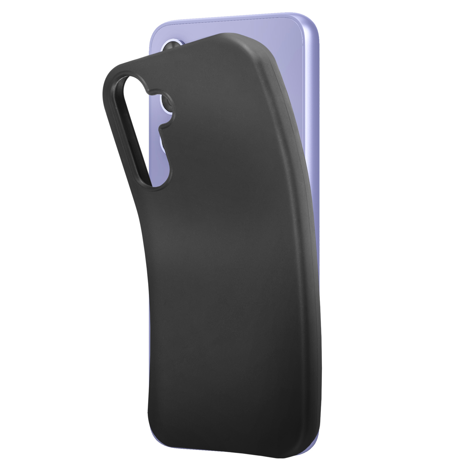 Una custodia nera viene messa su un telefono viola. Il telefono ha un foro per la fotocamera.