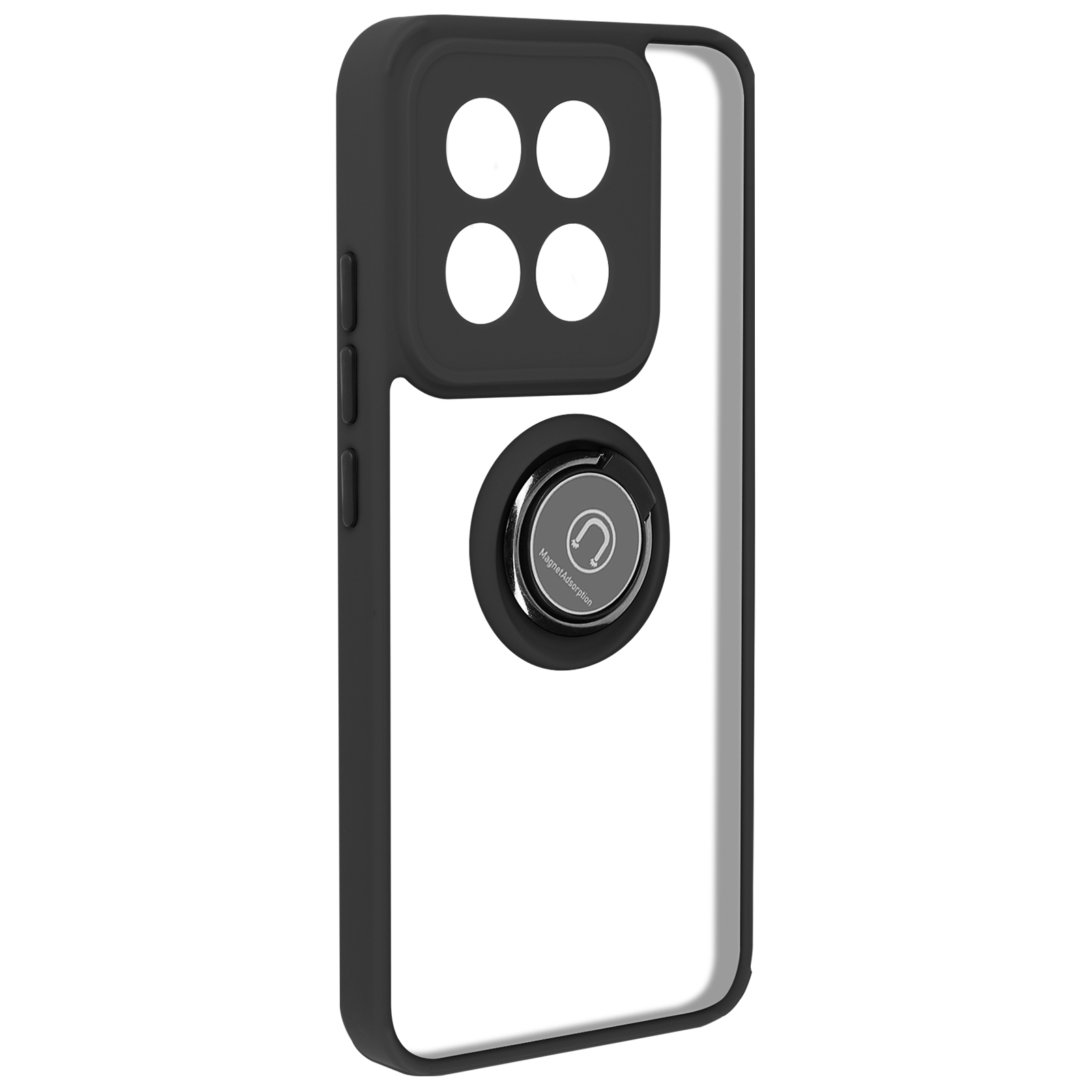 Custodia per telefono con quattro lenti della fotocamera e un supporto ad anello. La custodia è bianca e nera.