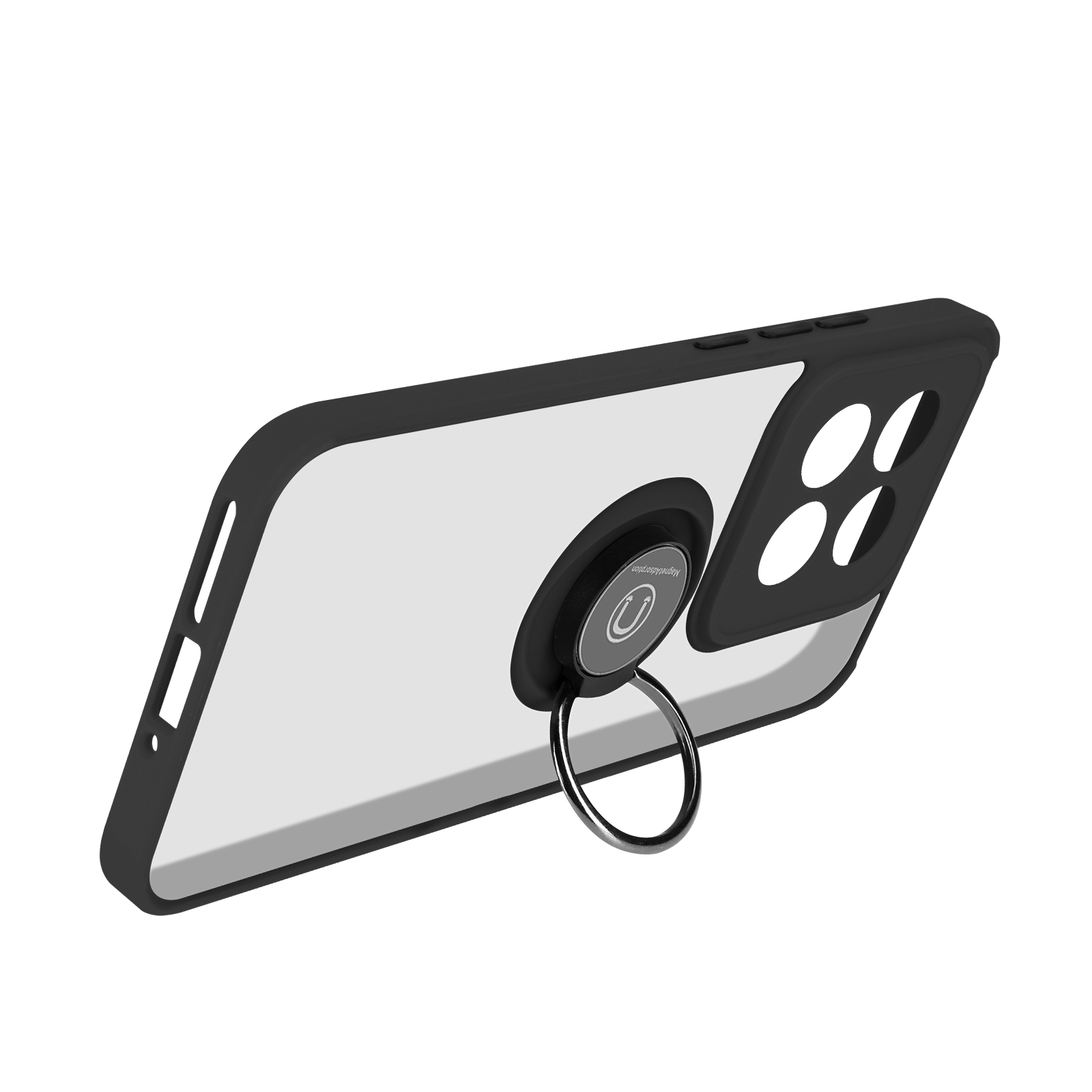 Custodia per telefono con anello di supporto. Lo sfondo è bianco. Il telefono sembra essere nella custodia.