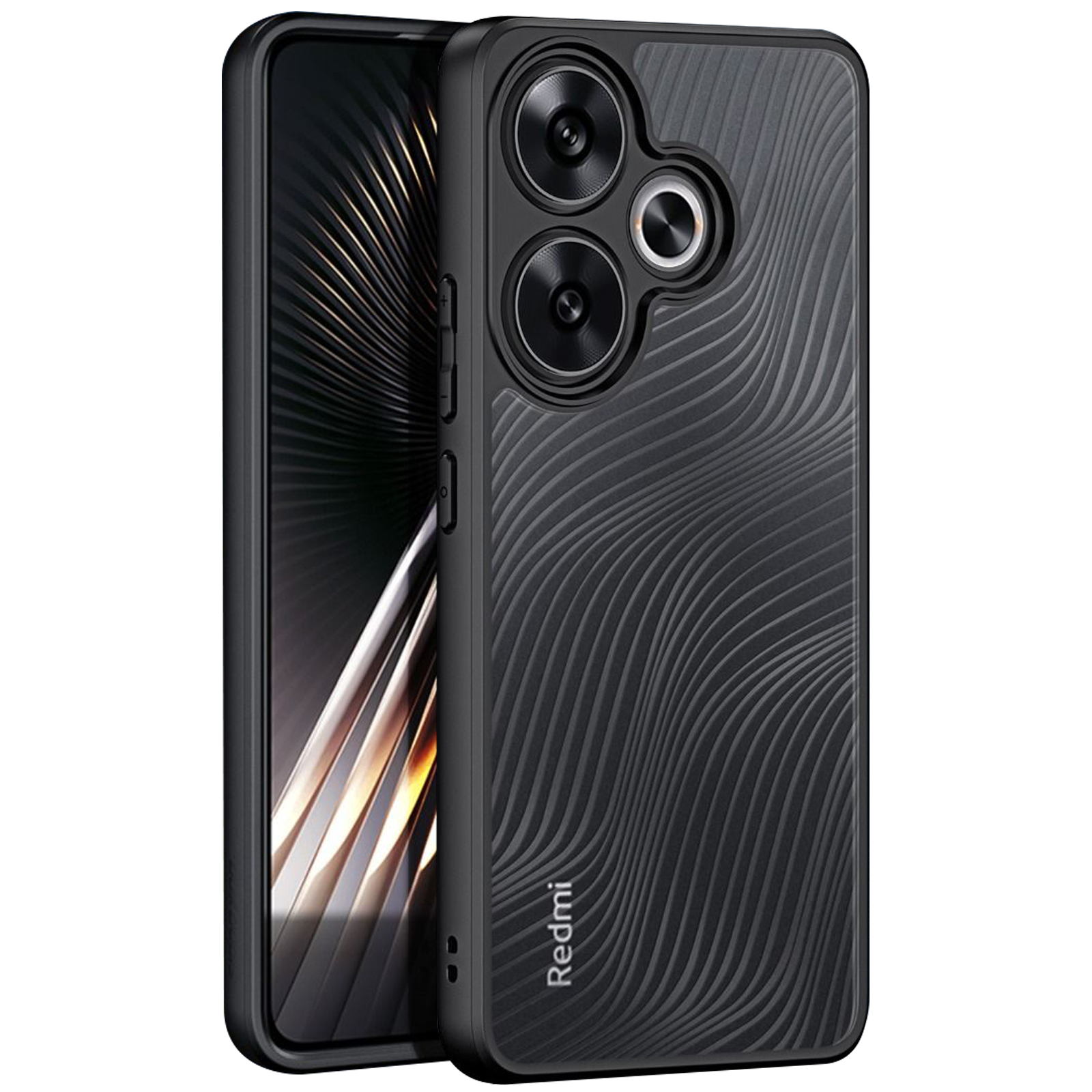 Custodia per telefono nera con un design ondulato. Mostra la fotocamera e il logo Redmi.
