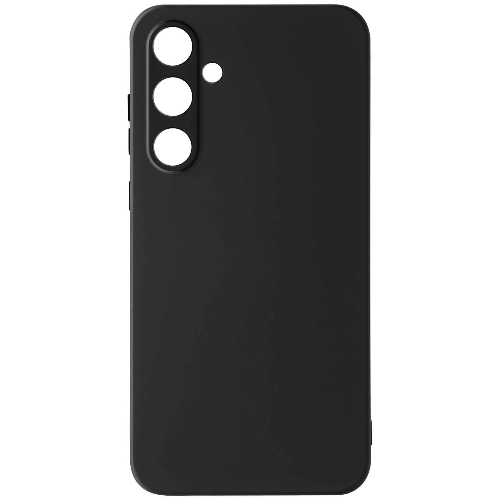 Custodia per telefono nera con tre fotocamere. La custodia copre la parte posteriore e i lati del telefono.