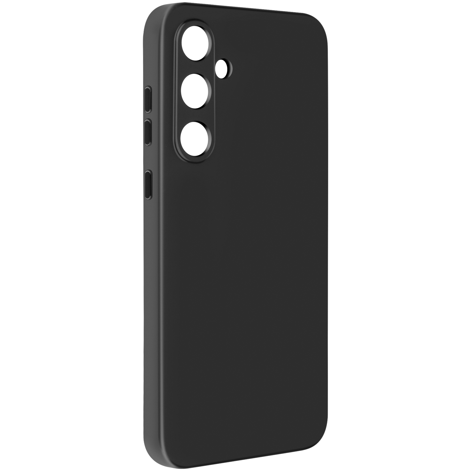 Custodia per telefono nera. Ha ritagli per pulsanti e fotocamera, design solido e semplice.