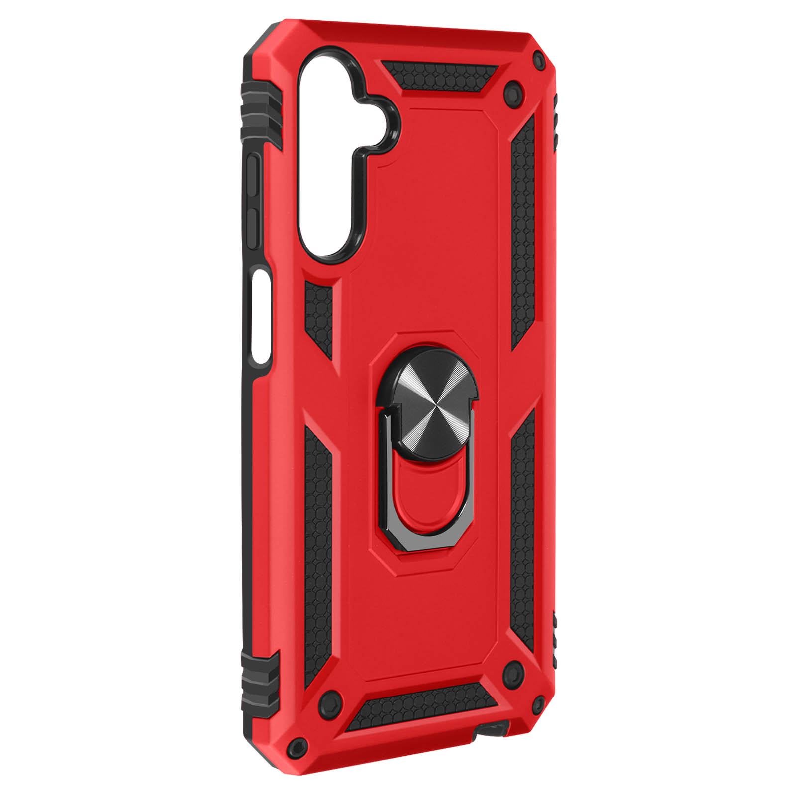 Custodia per telefono rossa con dettagli neri. Portaanello al centro. Design nero e rosso. Sfondo bianco.