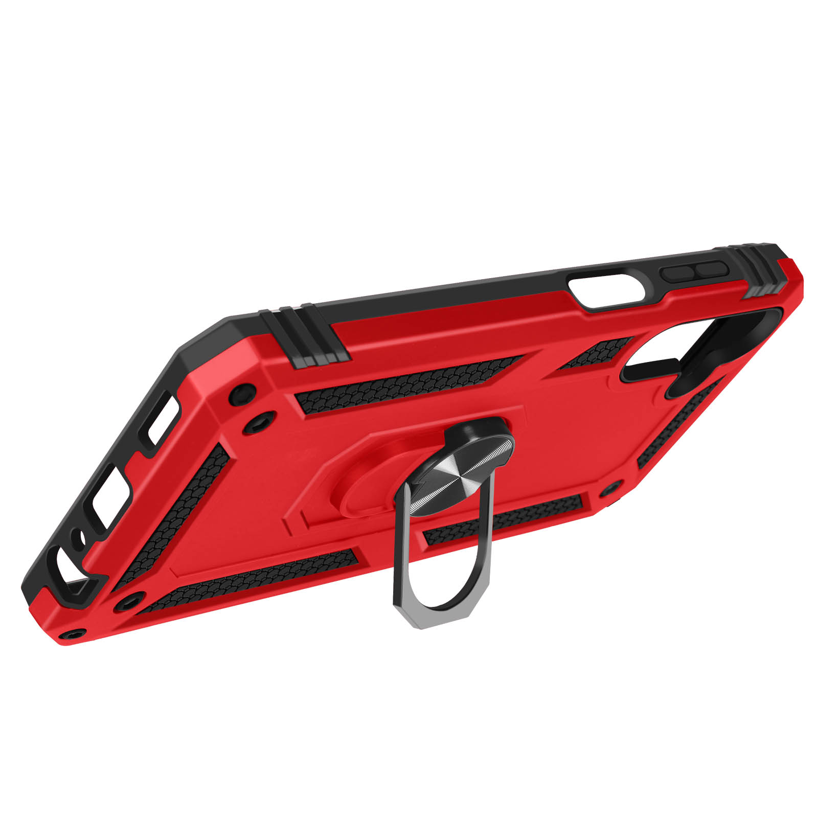 Custodia rossa con anello di supporto. Dettagli neri. Anello di supporto argentato aperto.