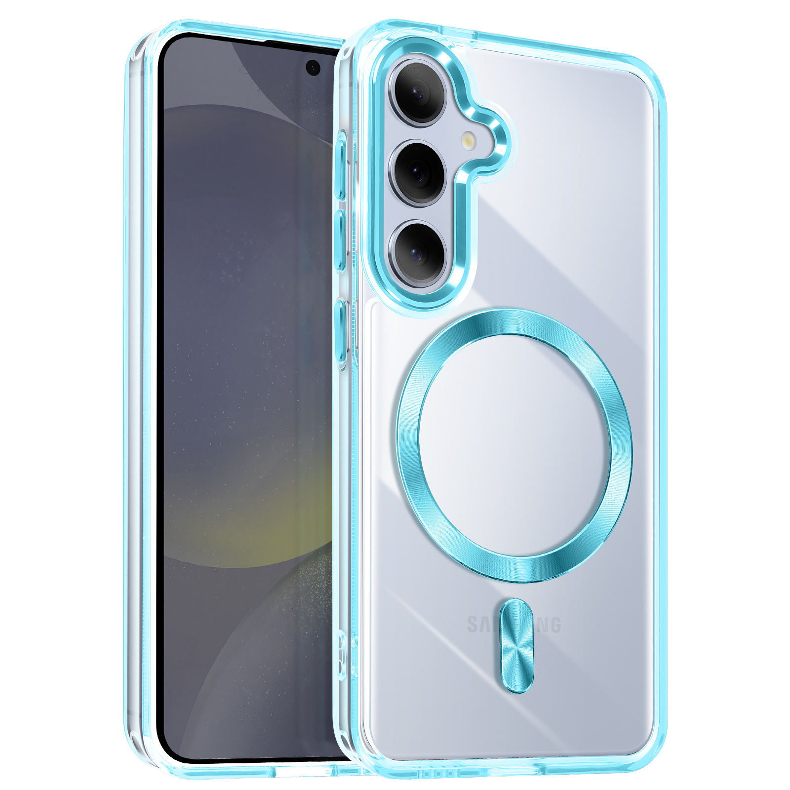 Un telefono in una custodia trasparente e azzurra con tre fotocamere e un anello blu.