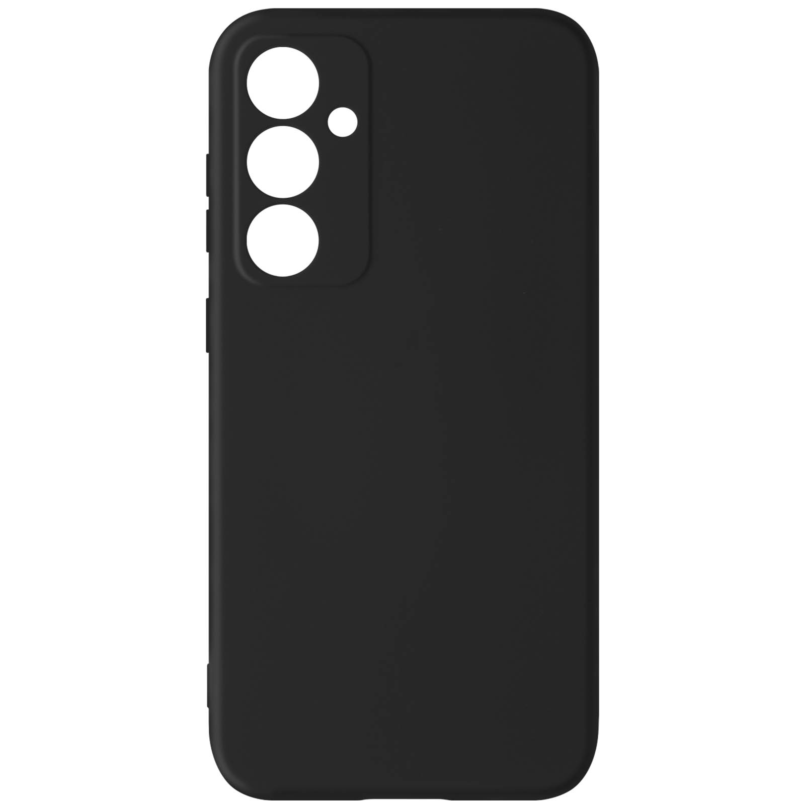 Custodia per telefono nera con fori per la fotocamera. La custodia è liscia, opaca e copre la parte posteriore del telefono.