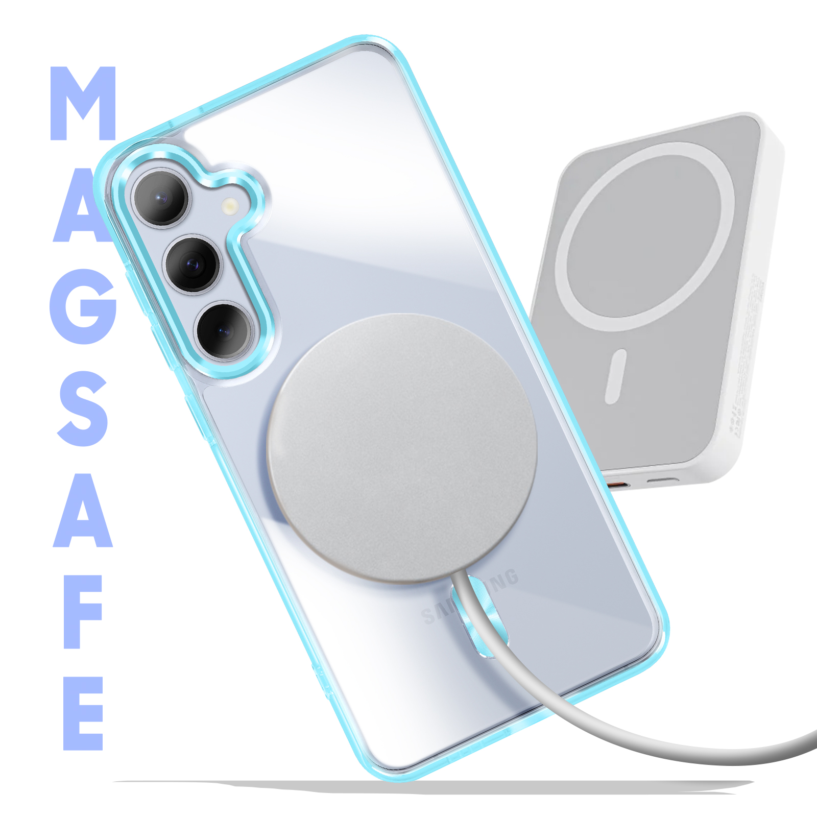 Un telefono con cornice blu chiaro e un cerchio bianco, con un cavo bianco. La parola MAGSAFE è visibile.