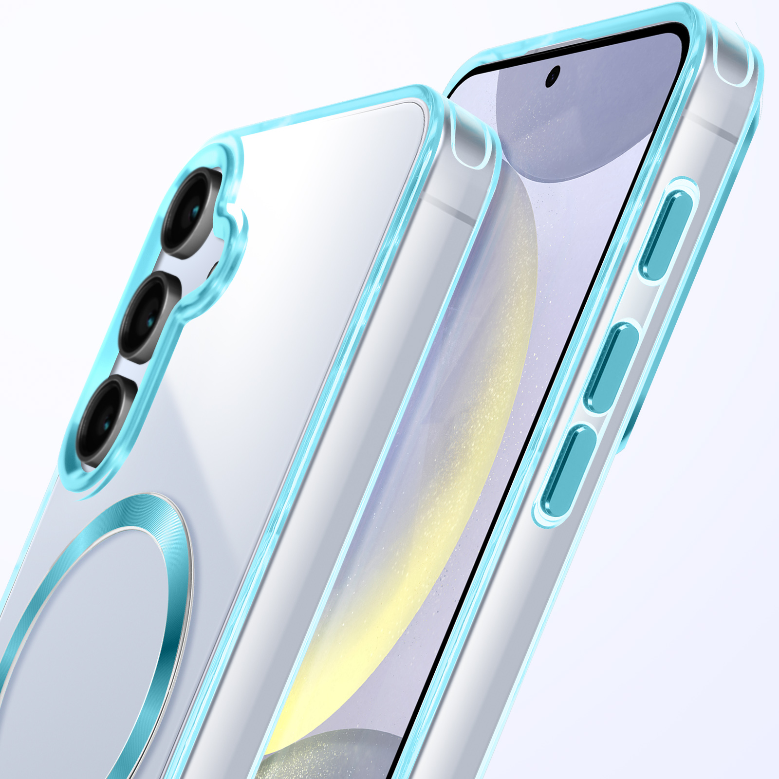 Una custodia trasparente per telefono con un bordo blu, sopra un telefono. Lo schermo del telefono è visibile.