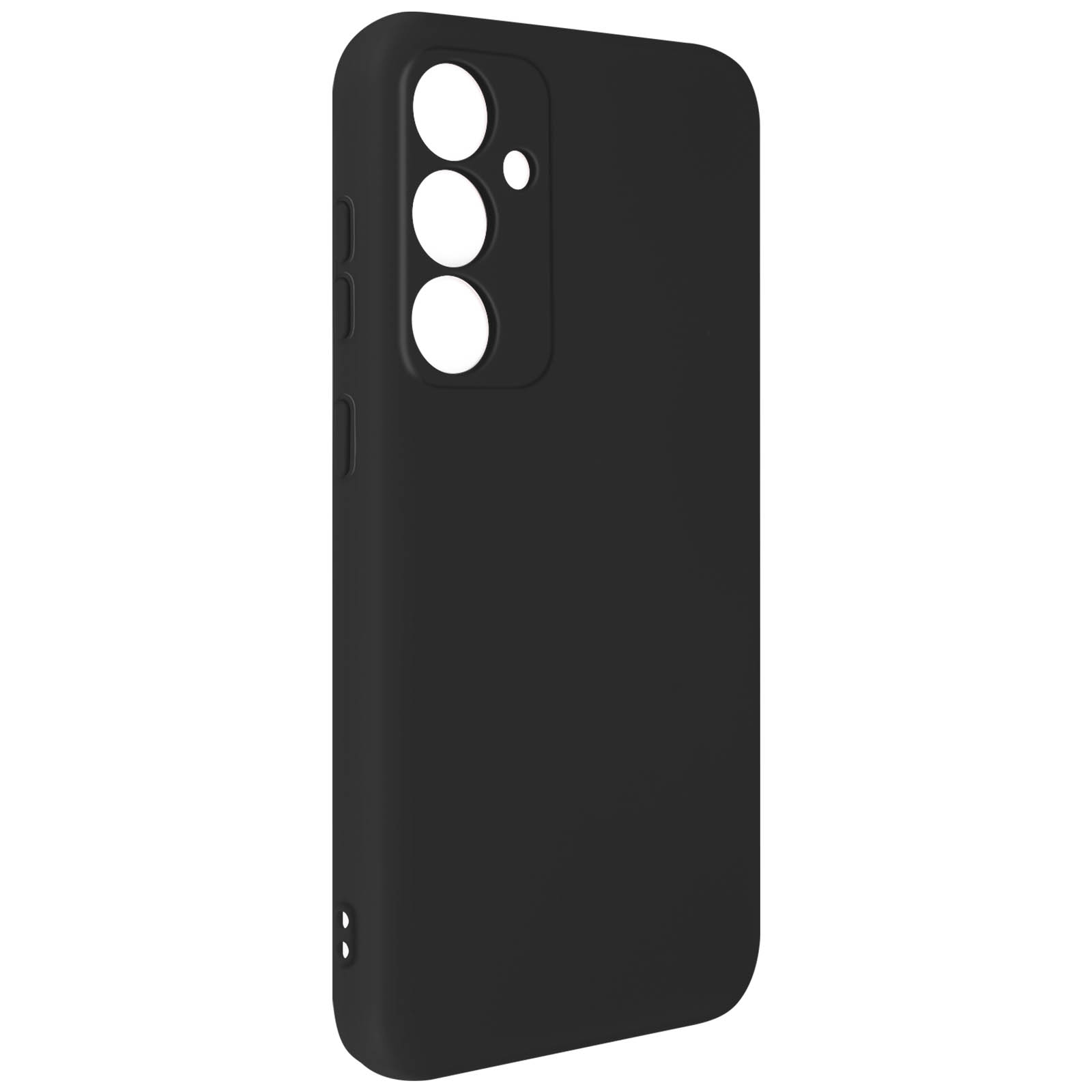 Custodia per telefono nera con ritagli per fotocamere e pulsanti.