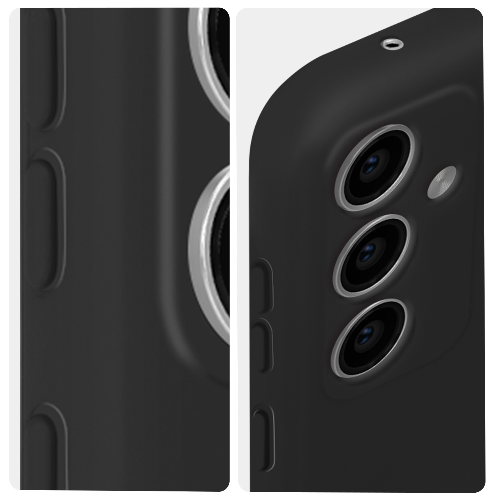 Primo piano di una custodia nera per telefono con modulo fotocamera. Vista laterale mostra il design della custodia con fori.