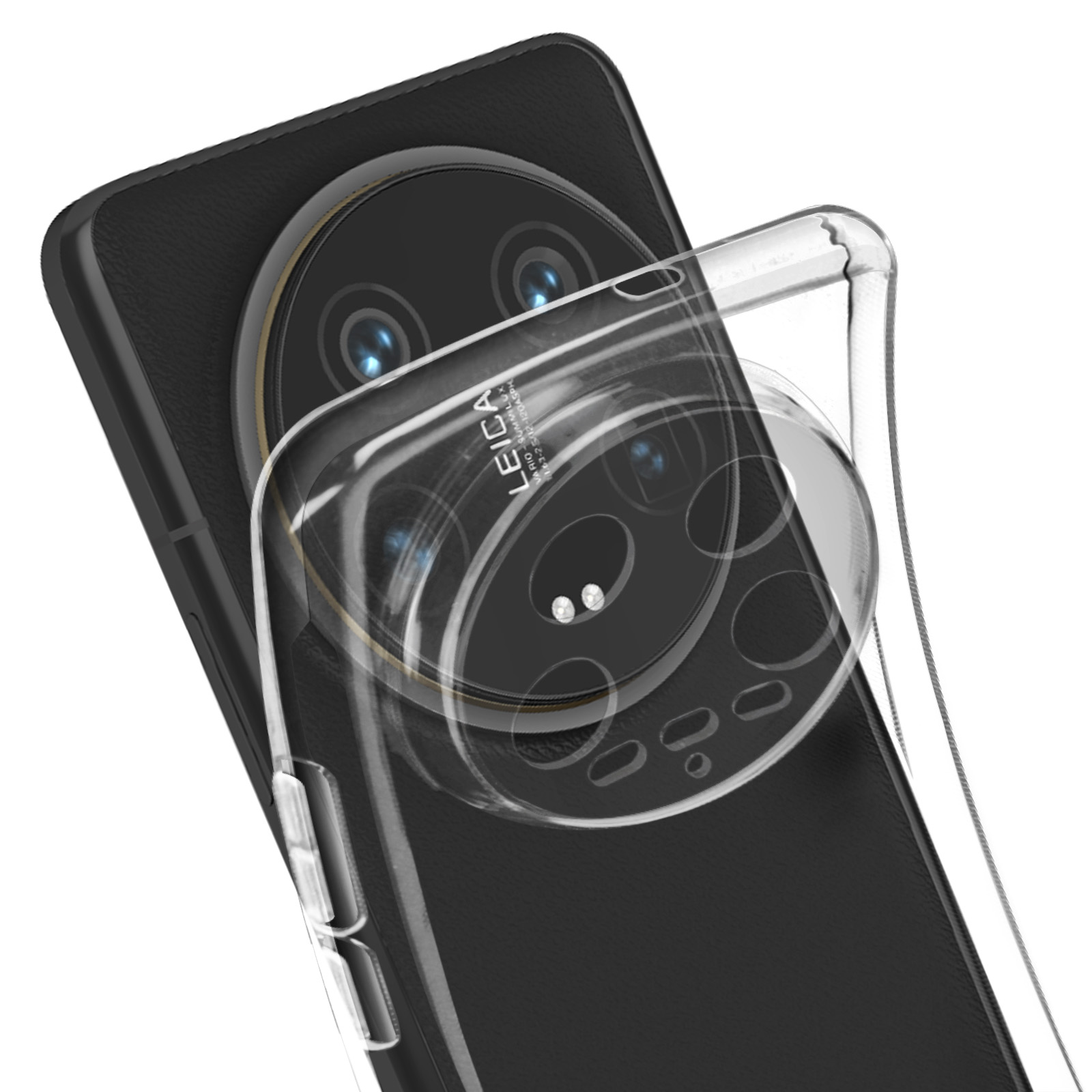 Custodia trasparente per telefono su un telefono nero. Visibile l'obiettivo della fotocamera Leica.