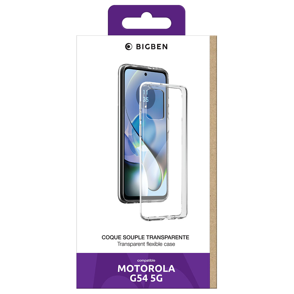 Confezione che mostra un telefono e una custodia trasparente, etichettata 'MOTOROLA G54 5G'.