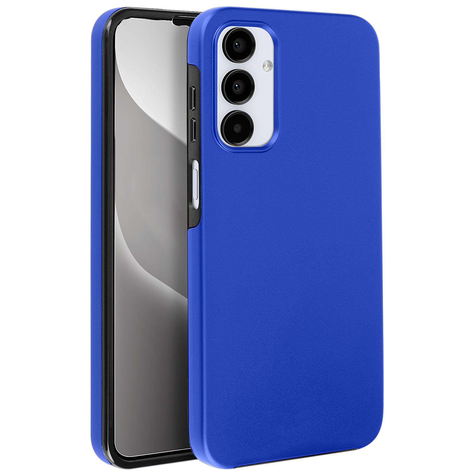 Custodia per telefono blu con un telefono all'interno. Il telefono ha tre obiettivi.