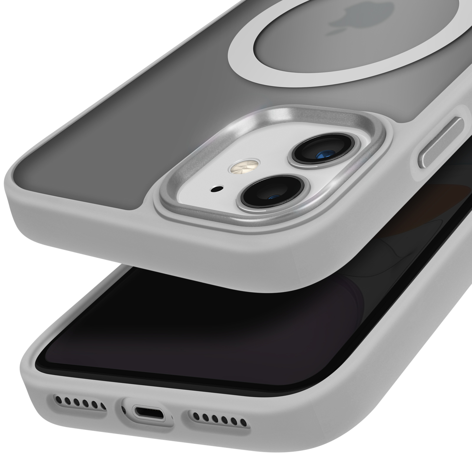 Custodia grigia con parte superiore trasparente, copre parzialmente un telefono con logo Apple.