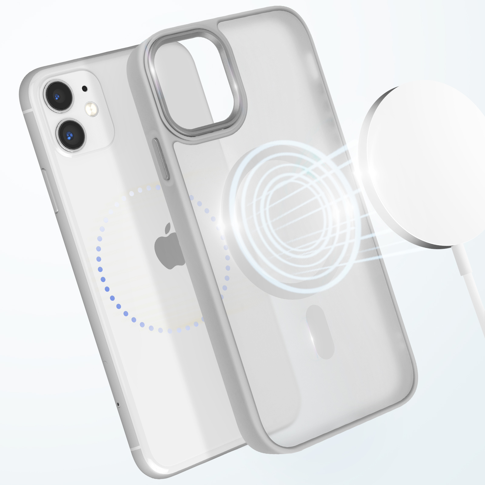 Custodia trasparente per telefono con cerchio MagSafe. Il telefono è un iPhone.