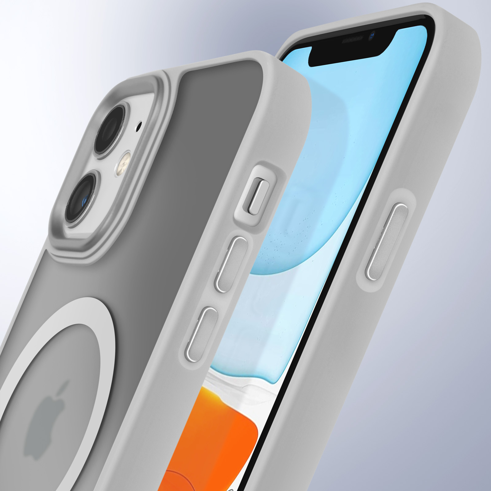 Un telefono con cover posteriore grigia. La custodia è grigia e trasparente. Il telefono ha un logo Apple.